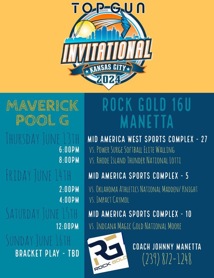 Samantha Yzaguirre (@samyzaguirre_11) on Twitter photo I’m so excited to be leaving to Kansas City tomorrow for the Top Gun Invitational!!
We play 2 games Thursday night. Both games are at Mid America West Sports Complex field 27.
🥎 Game 1 @ 6pm
🥎 Game 2 @ 8pm
See you there!!
<a href="/RockGoldManetta/">Rock Gold Manetta</a> I’m so excited to be leaving to Kansas City tomorrow for the Top Gun Invitational!!
We play 2 games Thursday night. Both games are at Mid America West Sports Complex field 27.
🥎 Game 1 @ 6pm
🥎 Game 2 @ 8pm
See you there!!
<a href="/RockGoldManetta/">Rock Gold Manetta</a>