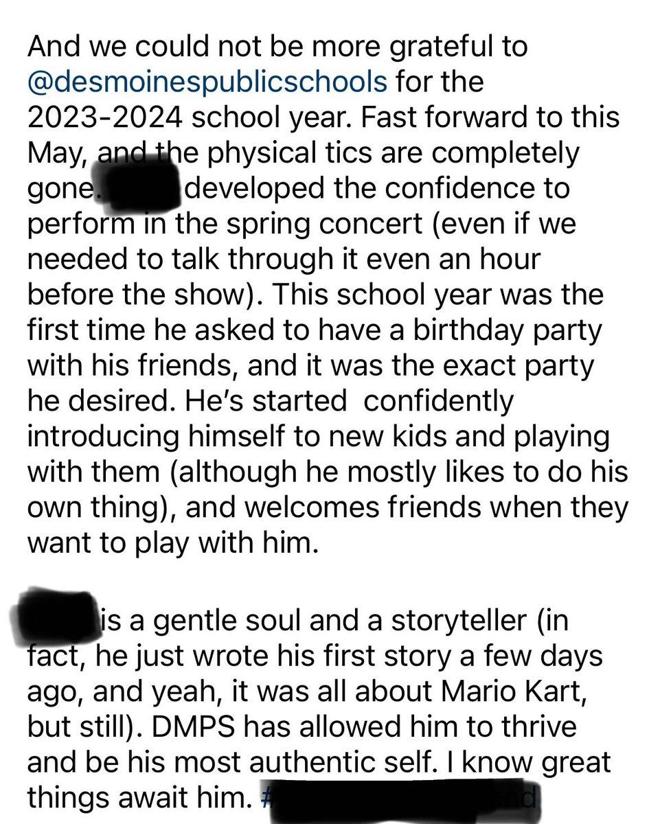 A lot of powerful people have been badmouthing Iowa’s public schools lately. 

Here (with permission from the author) is an Iowan telling her success story about switching from a private school back to Des Moines Public School. 👏 👏 👏