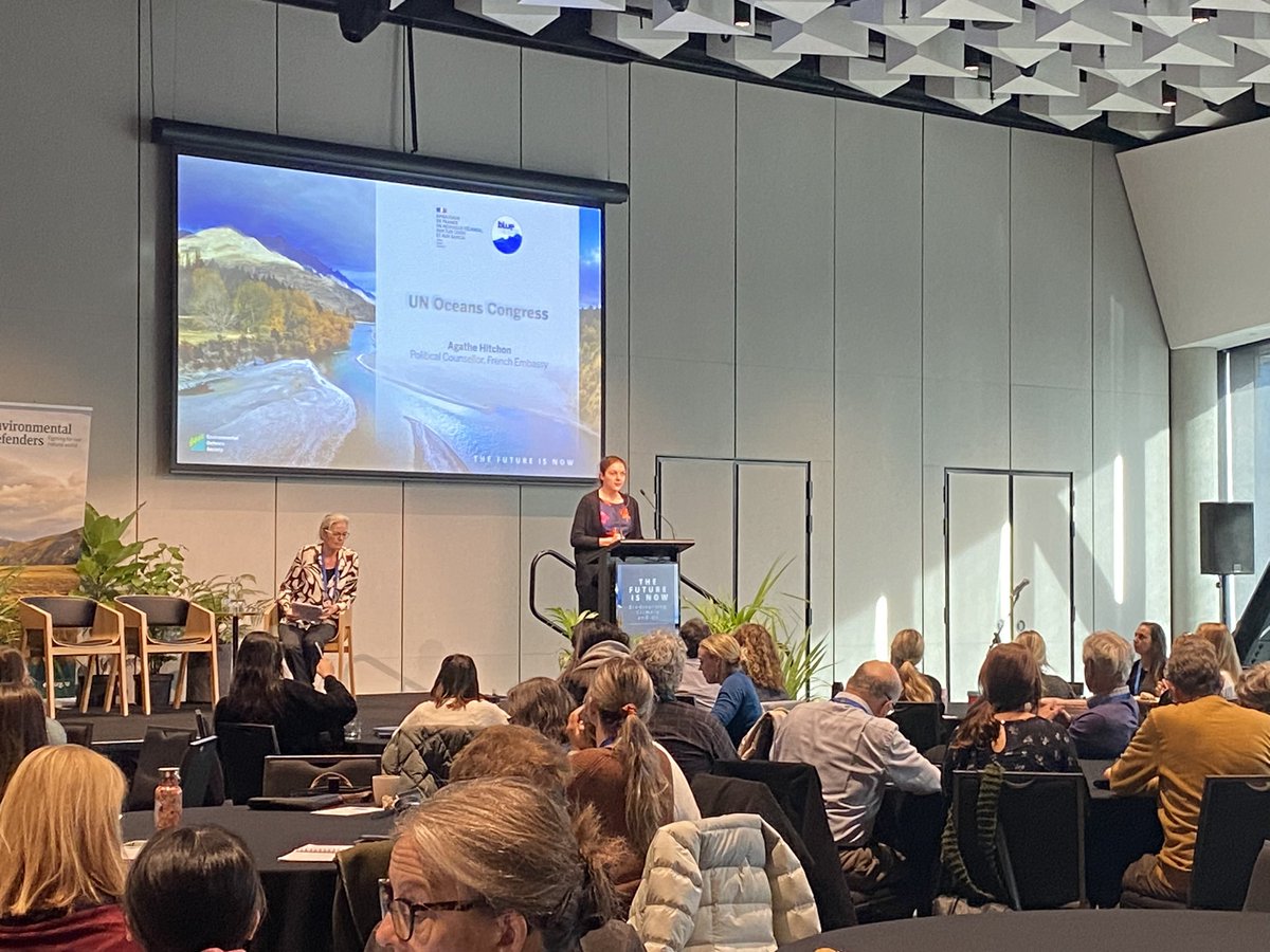 blue_cradle's tweet photo. Agathe Hitchon @AmbafranceNZ at @EDS_Aotearoa #EDS2024 conference speaks of importance of #UNOC3 in Nice, #France June 2025 &amp; One #Ocean Science Congress - #SDG14 least funded #SDG, we need to reach #30by30 - join #BlueTalks >> next one in Nov: Ch’ch @diplosphere @jamesnikitine https://t.co/tshkAhRW7u