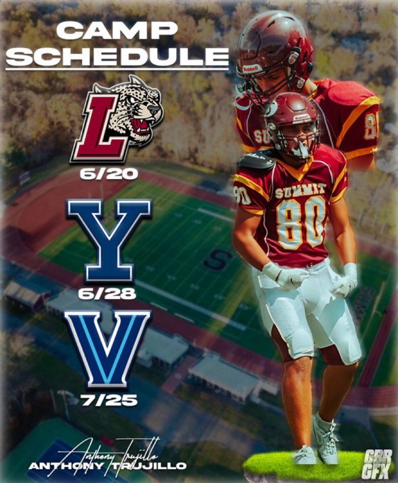 AntTrujillo2026's tweet photo. Camp season is right around the corner!
I am super excited to display my talents against great competition and get coached up!!!  @SummitJerseyFB @NovaFbRecruit @NovaFootball @LafayetteFB @yalefootball @CoachRenoYale @CoachD_Johnson @coachferranteVU @Coach_Saint @Coach__Trox @gbrgfx 
I will be attending: 
Lafayette June 20th
Yale June 28th
Villanova July 25th