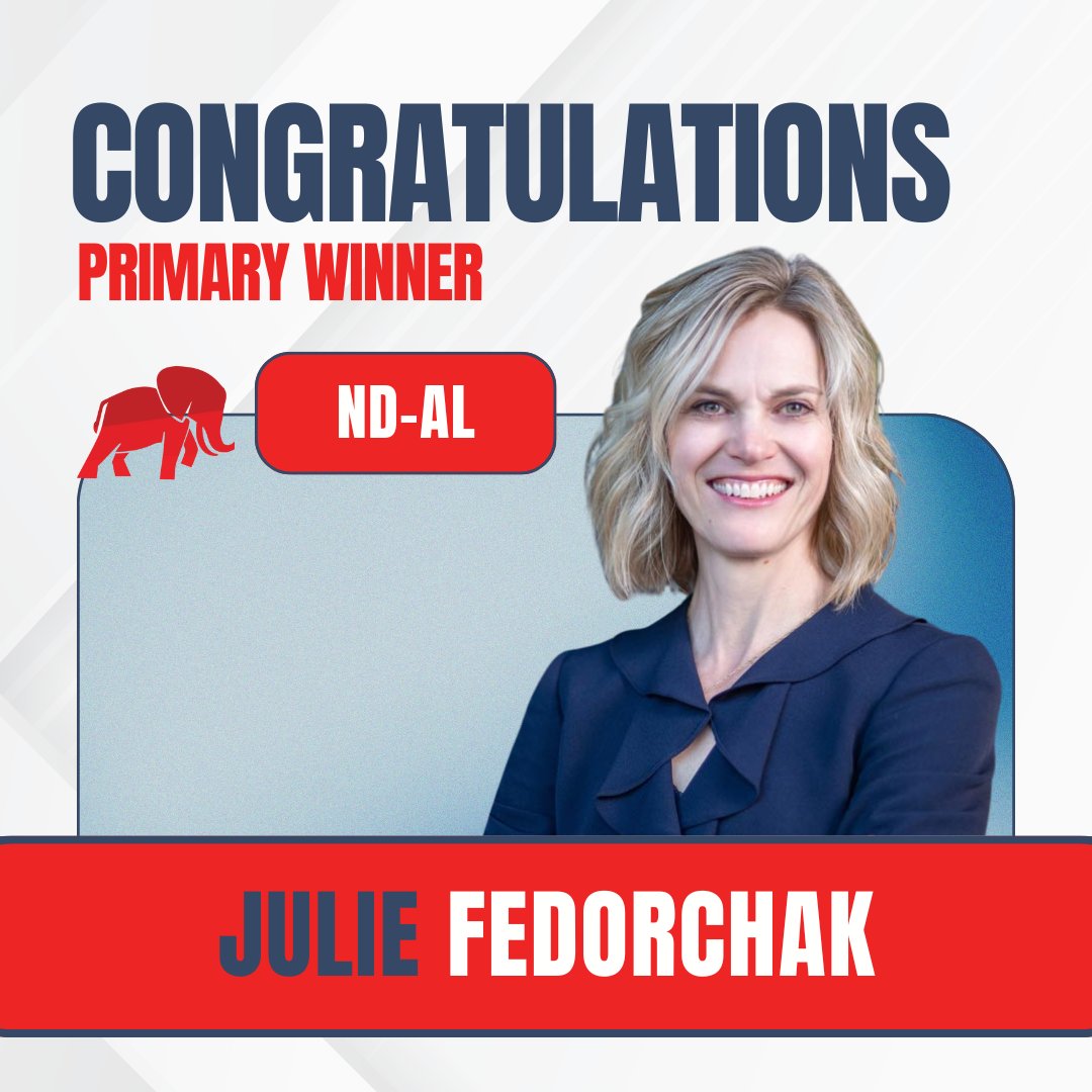 Congratulations to <a href="/fedorchak4ND/">Julie Fedorchak</a> on her primary victory!

Julie has a proven record of serving her community and fighting for reliable and affordable energy for #NDAL.

We look forward to welcoming Julie to Congress in November!