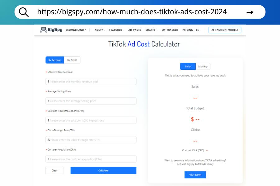 BigSpyOfficial's tweet photo. Do you want to know how much your TikTok ad costs will be in 2024?
#BigSpy's TikTok Ad Cost Calculator can help you maximize your TikTok ad budget!๐ท๐ท
Click to check๐
https://t.co/yqtegbOVVl
#digitalmarketing #advertising #Adspy #TikTokads #AdCreatives #adcost #adideas https://t.co/zG20JVho7Z