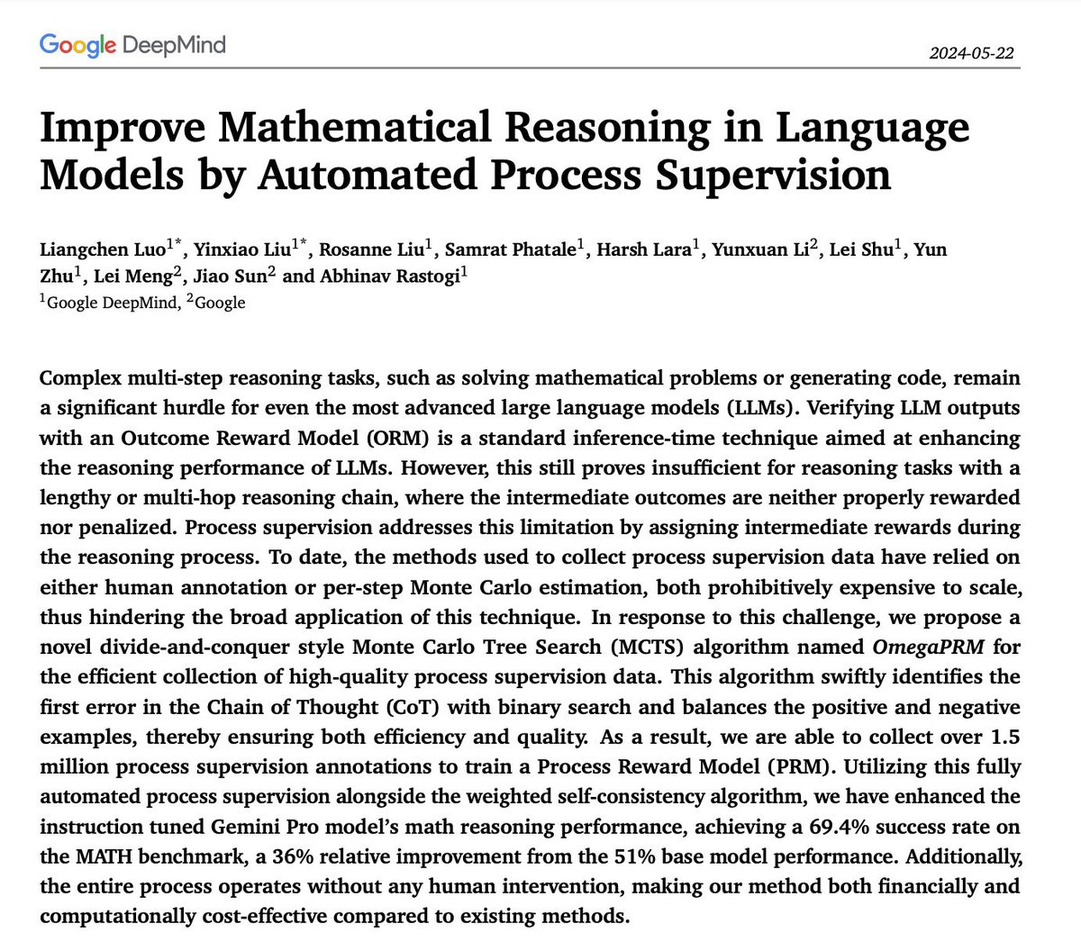 _akhaliq's tweet photo. Improve Mathematical Reasoning in Language Models by Automated Process Supervision

Complex multi-step reasoning tasks, such as solving mathematical problems or generating code, remain a significant hurdle for even the most advanced large language models (LLMs). https://t.co/jM32yAtrdB
