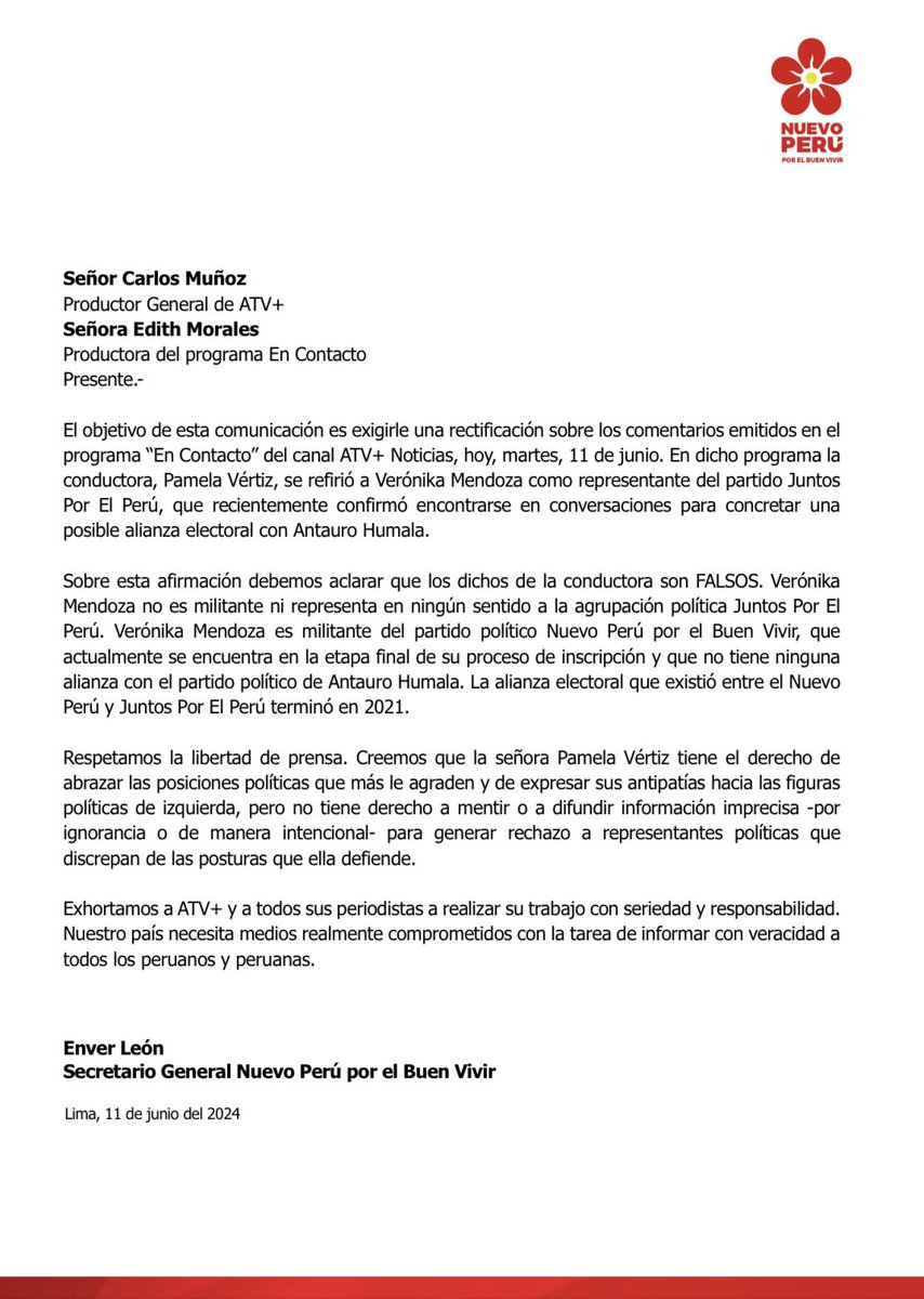 Nuestra compañera Verónika Mendoza no forma parte de ninguna alianza con Antauro Humala. Nuestro acuerdo político con Juntos Por El Perú concluyó en 2021. Exhortamos a los periodistas a informarse. Y a <a href="/VertizPamela/">Pamela Vértiz</a> y <a href="/atvmasnoticias/">ATV+ Noticias</a> a rectificarse de sus afirmaciones falsas.