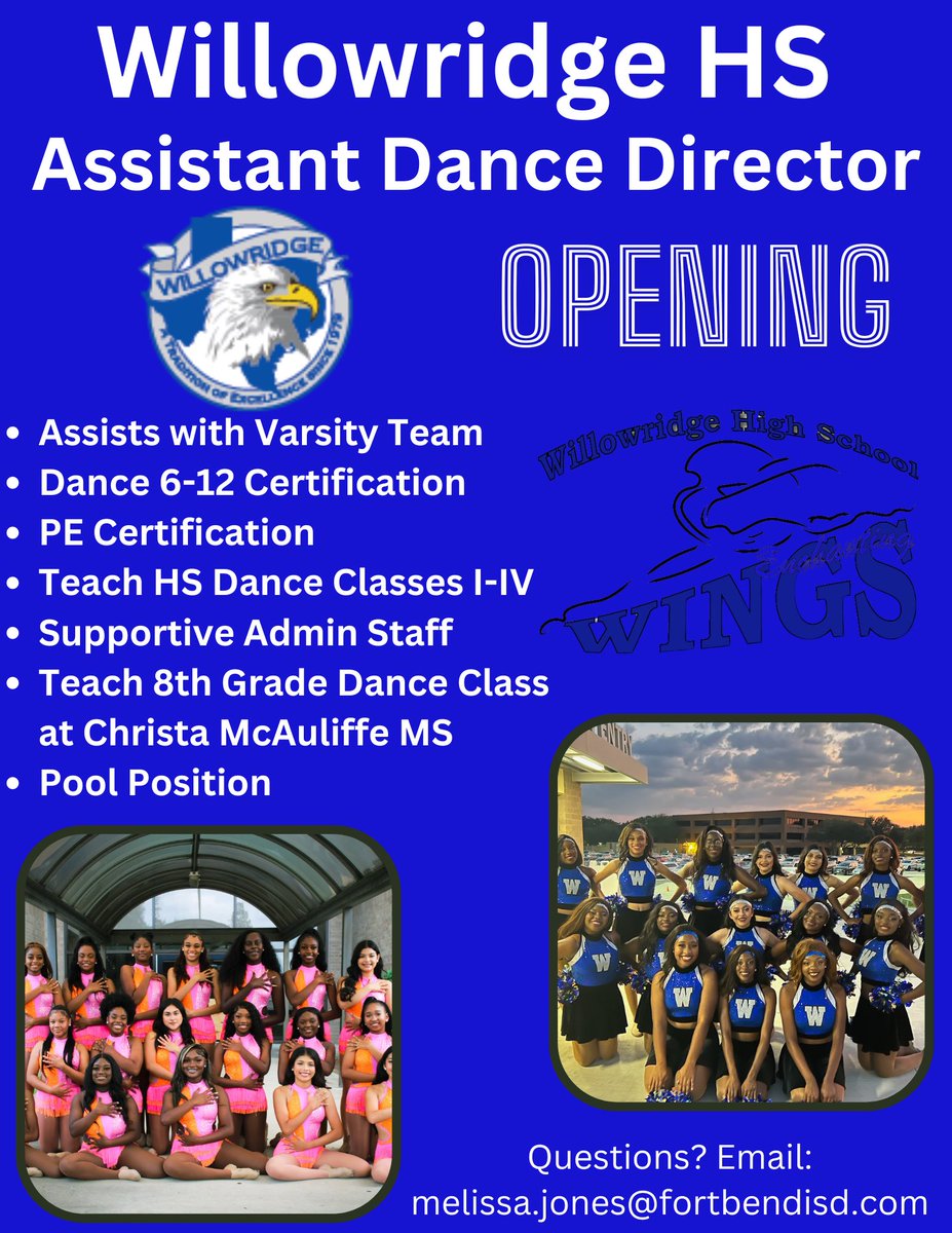 Attention, attention! We’re looking for candidates for the Assistant Dance Director Position! Supportive Admin, awesome work environment, and super sweet hardworking students. Apply now! Questions? Contact, Melissa.jones@fortbendisd.com!