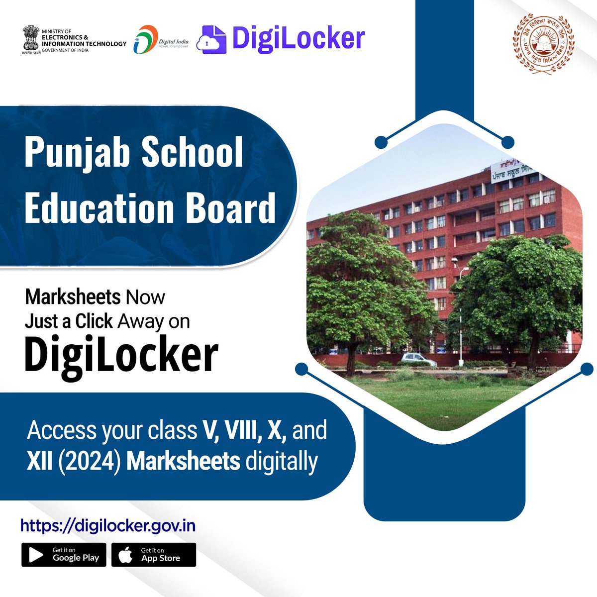 Punjab School Education Board, Marksheets for class V, VIII, X, and XII (2024) are now available on #DigiLocker. Access them instantly with just a click! #PSEB #PunjabSchoolEducationBoard #marksheet #education #DigitalIndia