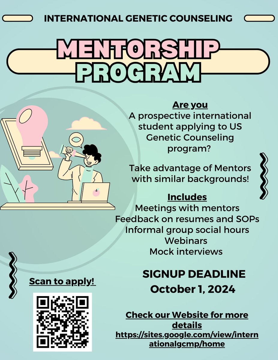 The Mentorship Program has now opened the applications for international applicants planning to apply to the US-based GC programs for Fall 2025!
Scan the QR code to apply and check the website for more info
sites.google.com/view/internati…

#mentorship #mentee #mentor #ISIG #GeneChat