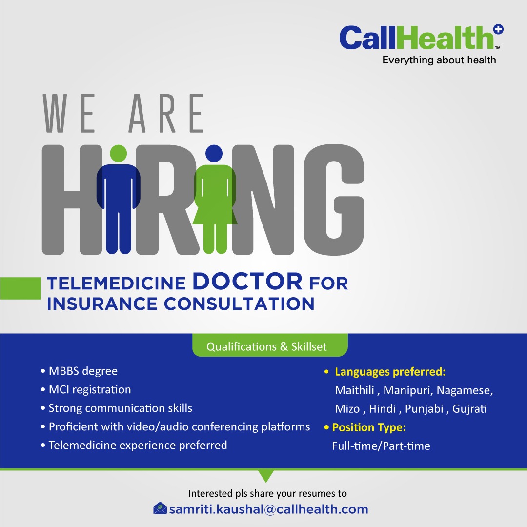 CallHealthIndia's tweet image. CallHealth is seeking experienced doctors for telemedicine insurance consultations. Join our team to provide remote medical expertise for insurance claims.

Please share your resume:
samriti.kaushal@callhealth.com

#InsuranceConsultation #TelemedicineInsurance