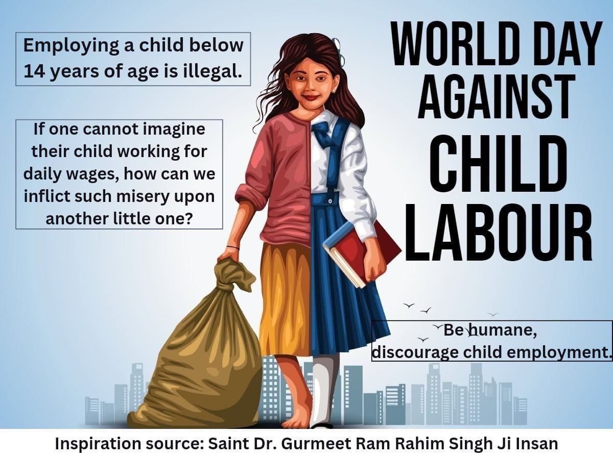 gungun5319's tweet photo. Today on #WorldDayAgainstChildLabou let's all pledge to stop child labour because making children work at the age of studying is illegal. Saint MSG has started various initiatives for children like book bank, toy bank etc. #EndChildLabour https://t.co/WsS3uuI7Di
