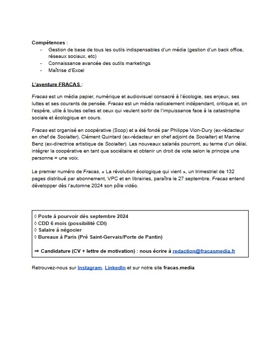 💥Fracas, le média des combats écologiques, recrute son ou sa première responsable marketing !  

Vous vous intéressez à l’écologie, à la politique, aux luttes sociales et vous chérissez la presse indépendante? Postulez ! 👇

docs.google.com/document/d/12H…
