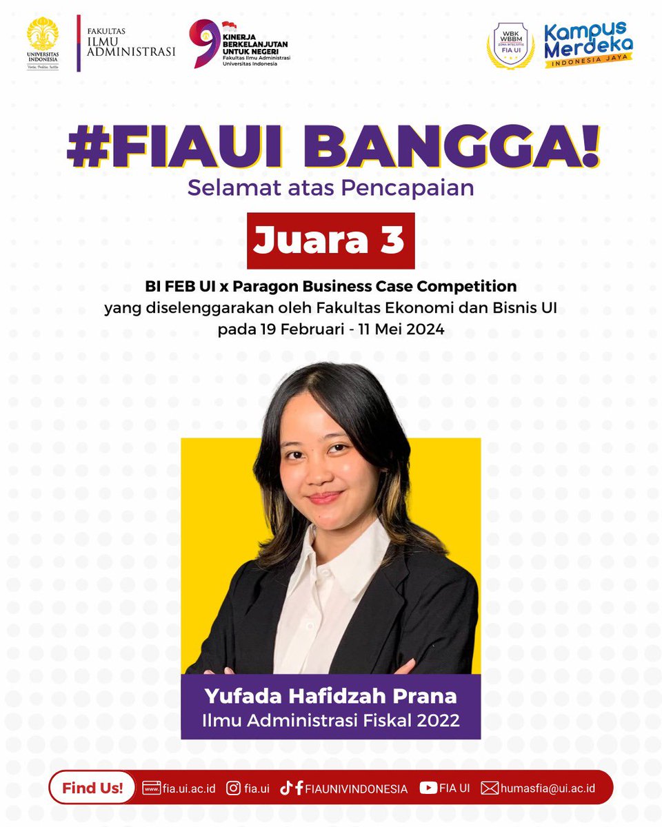 fia_ui's tweet image. [FIA Bangga]

Juara 3 🏆: BI FEB UI X Paragon Business Case Competition, yang diselenggarakan oleh Fakultas Ekonomi dan Bisnis UI pada 19 Februari - 11 Mei 2024

* Yufada Hafidzah Prana (Ilmu Administrasi Fiskal 2022)

#fiaui #fiakita #kitafia #universitasindonesia