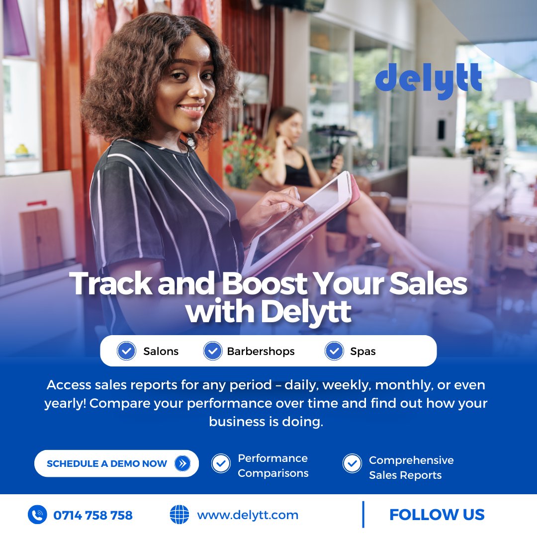 delytt_'s tweet photo. Running a salon, spa, or barbershop?
Access sales reports for any period – daily, weekly, monthly, or even yearly! Compare your performance over time and and make data-driven decisions.
Call us at 0714 758 758 or visit https://t.co/l9oxRO9xym to learn more!
#BusinessGrowth #Sales https://t.co/AcP0jZ217m