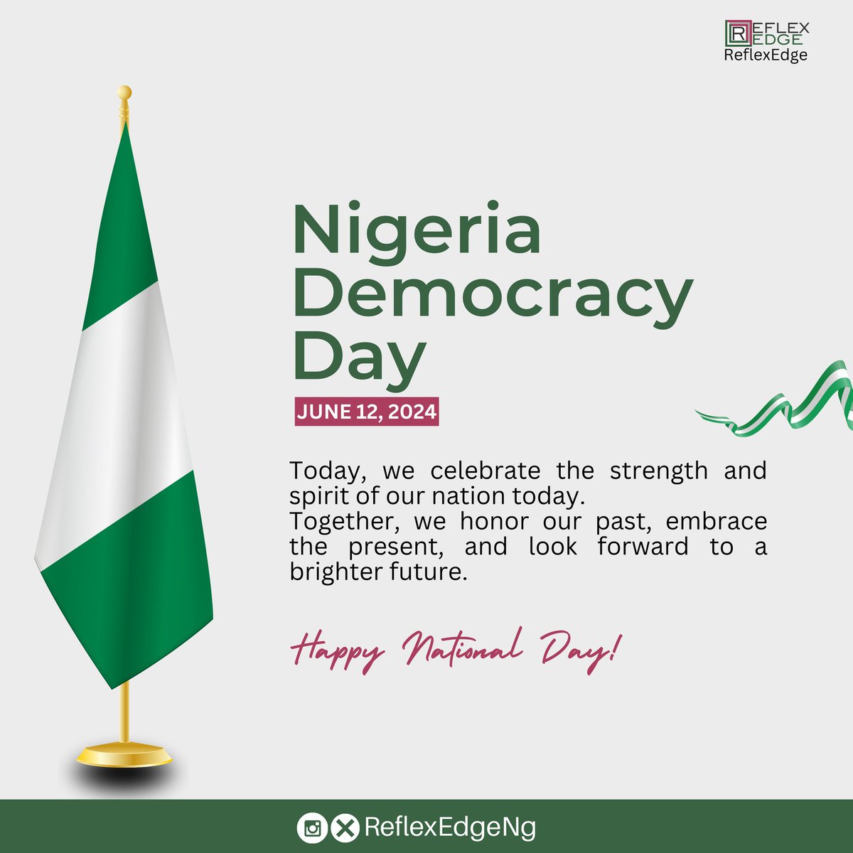 reflexedgeng's tweet photo. In brotherhood we stand...
Today, June 12, we celebrate the strength, unity and spirit of our dear Nation, Nigeria.
Happy National Day!
#june12 #democracyday #NIGERIA #ReflexEdge https://t.co/Utald7RkjI