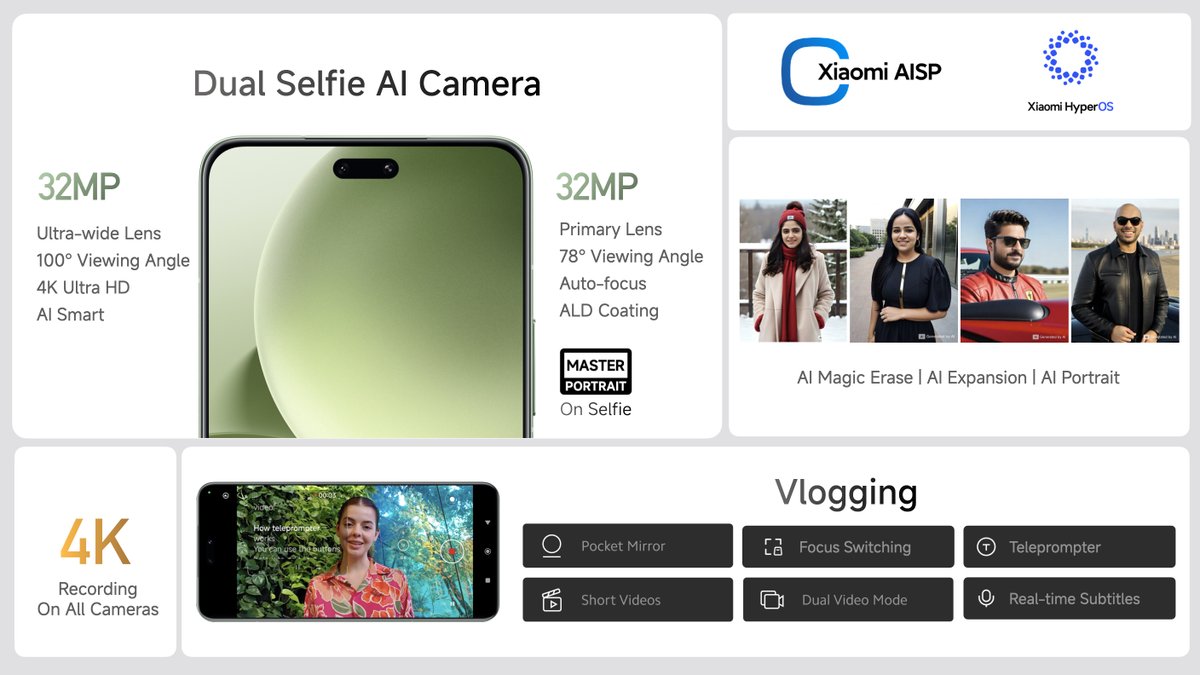 XiaomiIndia's tweet photo. The #Xiaomi14CIVI is here to revolutionize your vlogging experience with its powerful Dual Selfie AI Camera and innovative features:

- Capture stunning groupfies with a 32MP Dual Selfie AI Camera
- Get ready for flawless results with Xiaomi AISP and Xiaomi HyperOS
- Master your vlogging game with features like pocket mirror, focus switching, teleprompter, and close-up focus while recording.

Watch Live: https://t.co/M9ir6J2yBA
#CinematicVision