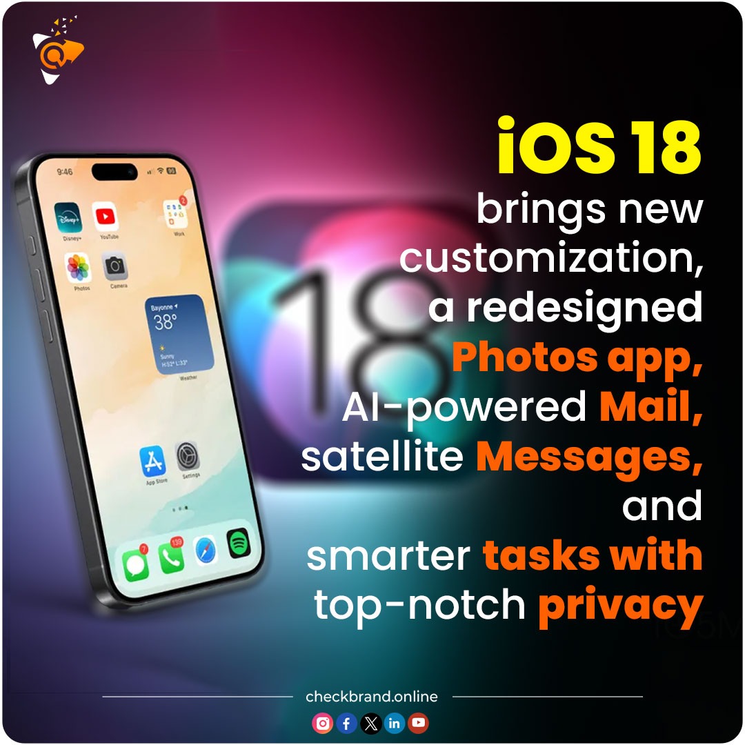 CheckBrand_AI's tweet photo. Apple Inc. iOS 18: New customization, redesigned Photos, AI Mail, satellite Messages, and smarter tasks—all with top-notch privacy.
#Checkbrand #iOS18 #Apple #TechInnovation #PrivacyFirst https://t.co/dxu4sWQPqj