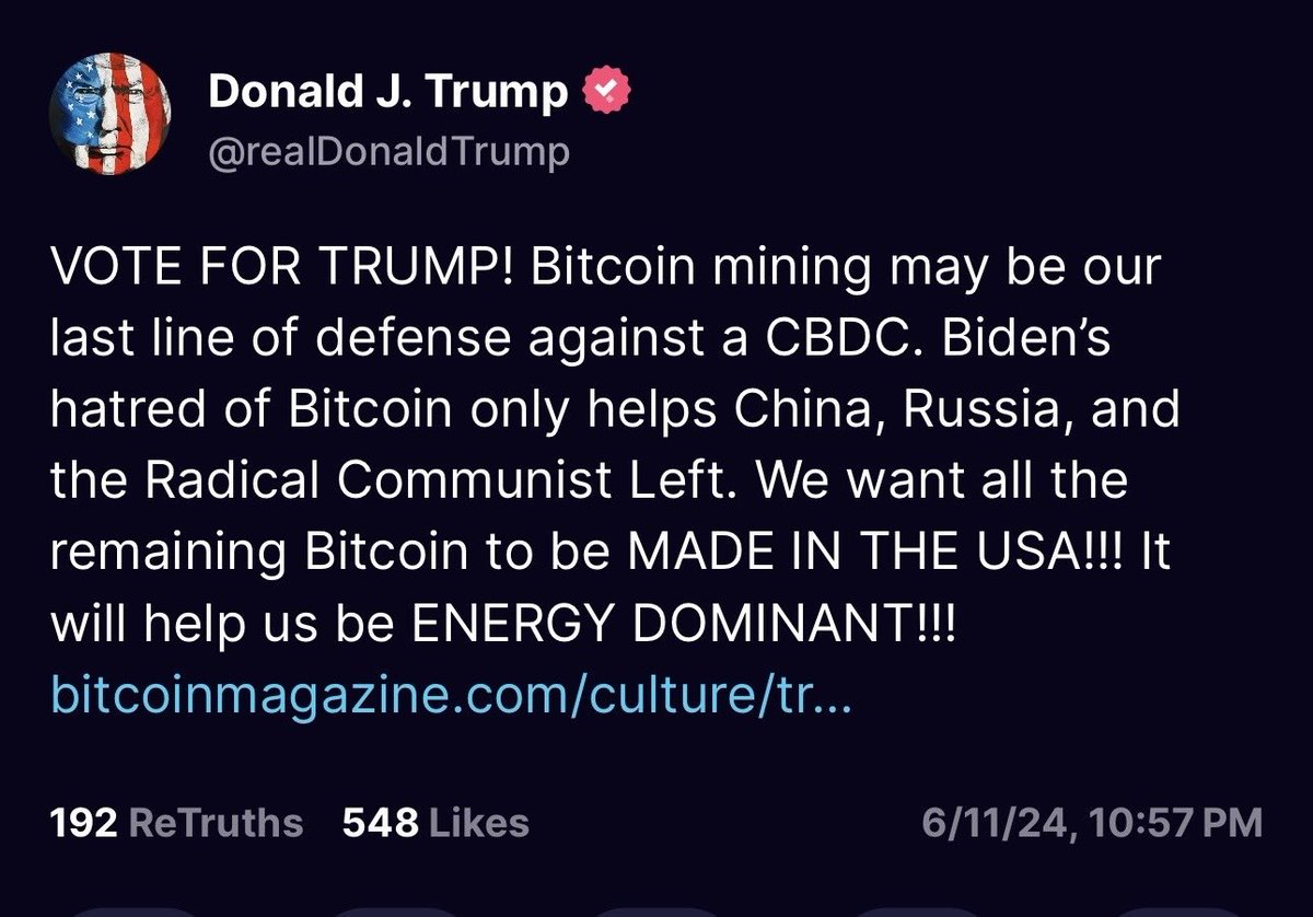 AcProlific's tweet photo. 🇺🇸Today, Donald Trump met with @BitcoinMagazine CEO David Bailey and top U.S. Bitcoin miners, vowing to support #Bitcoin mining in D.C. and globally. This commitment marks a significant shift towards a crypto-friendly stance, contrasting with Biden's administration. Trump's support could solidify his lead in the presidential race, winning over millions of crypto enthusiasts.