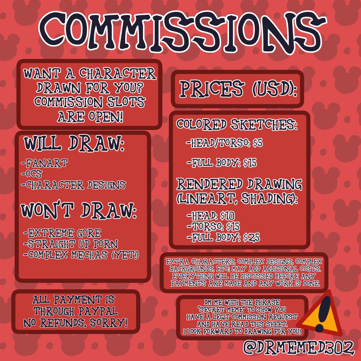 DrMemeD302's tweet image. I updated my commission sheet with fresh examples! If you want a commission, make sure you read over very carefully before DMing me so I know you really want something drawn!

#artist #commission #twitterartist