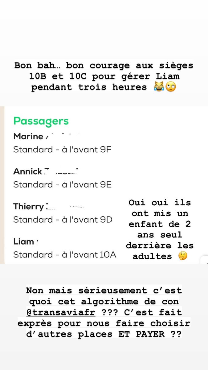 _Marine's tweet photo. Une explication @transaviaFR ? Pourquoi votre algorithme place mon enfant de 2 ans SEUL et 1 rang derrière moi ? https://t.co/zCa2OzIzL4