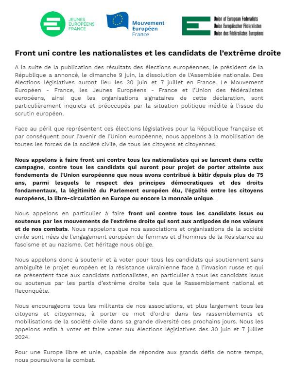 Nous appelons au front uni contre les nationalistes et candidats d’extrême droite pour ces #Legislatives2024 

Nous soutiendrons les candidats qui défendront sans ambiguïté le projet européen et nous appelons nos militants à porter ce mot d’ordre.

Retrouvez notre déclaration ⬇️