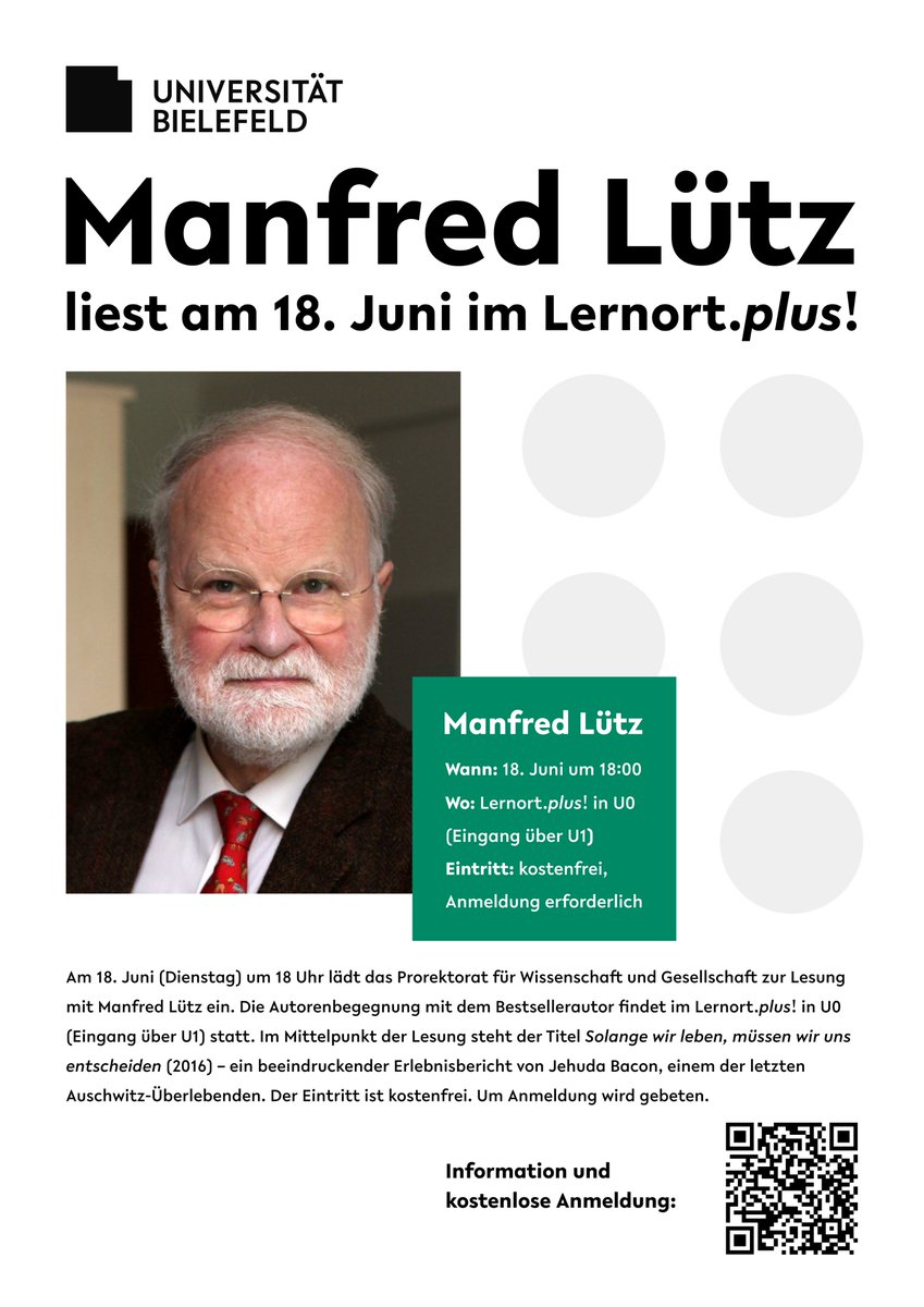Nächste Woche ist es schon soweit: Der Bestsellerautor #ManfredLuetz liest am 18.06. in der Uni-Bib aus seinem Buch „Solange wir leben, müssen wir uns entscheiden“. Infos und kostenlose Anmeldung: blog.ub.uni-bielefeld.de/?p=13208 #Bielefeld #Lesung