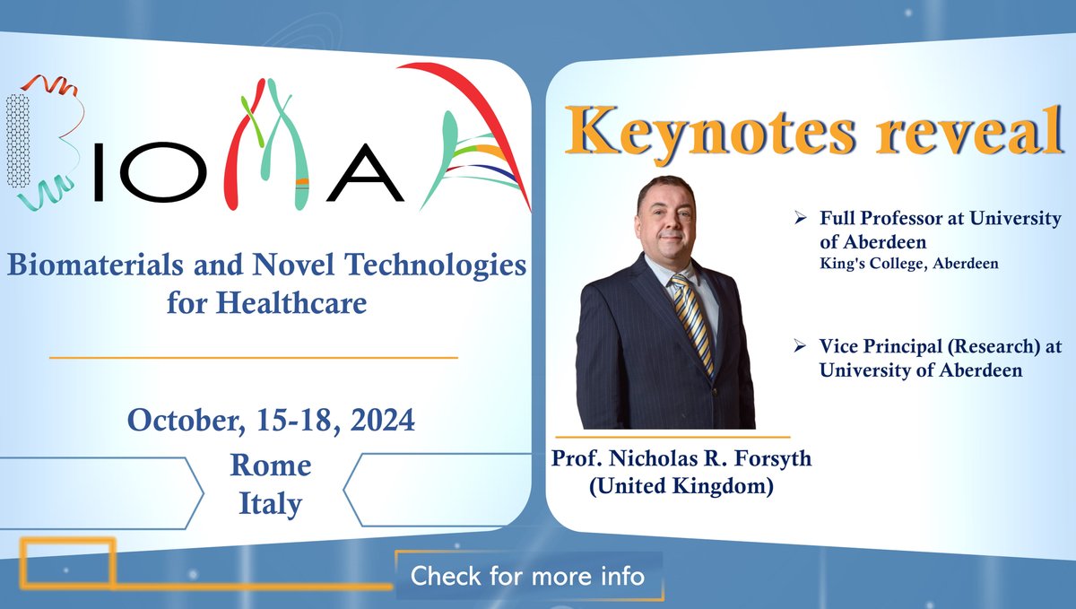 🎉We are delighted to present the keynotes of the 4th edition of #Biomah🎉
15-18th of October 2024,
<a href="/aberdeenuni/">University of Aberdeen</a> <a href="/P4Fit/">P4_FIT</a>
Headquarters of
<a href="/CNRsocial_/">CNR Consiglio Nazionale delle Ricerche</a>
Rome, Italy.
For any info DM us or check
biomah.ism.cnr.it <a href="/CNR_ISM/">CNR-ISM Istituto Di Struttura Della Materia</a>
#Biomaterials #dentistry #noveltechnologies  #medicine