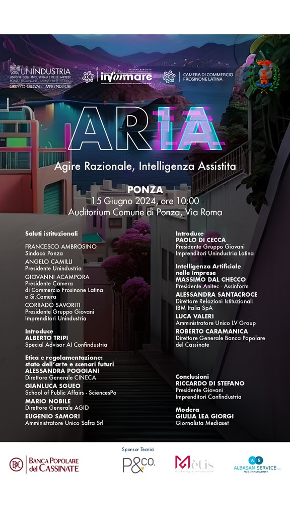 "A R I A", torna l'appuntamento per le #imprese organizzato a #Ponza dai nostri #GiovaniImprenditori 👇

🌬️ Dopo il successo della prima edizione, quest’anno al centro delle riflessioni l'#IntelligenzaArtificiale tra etica e regolamentazione, applicazioni pratiche e implicazioni