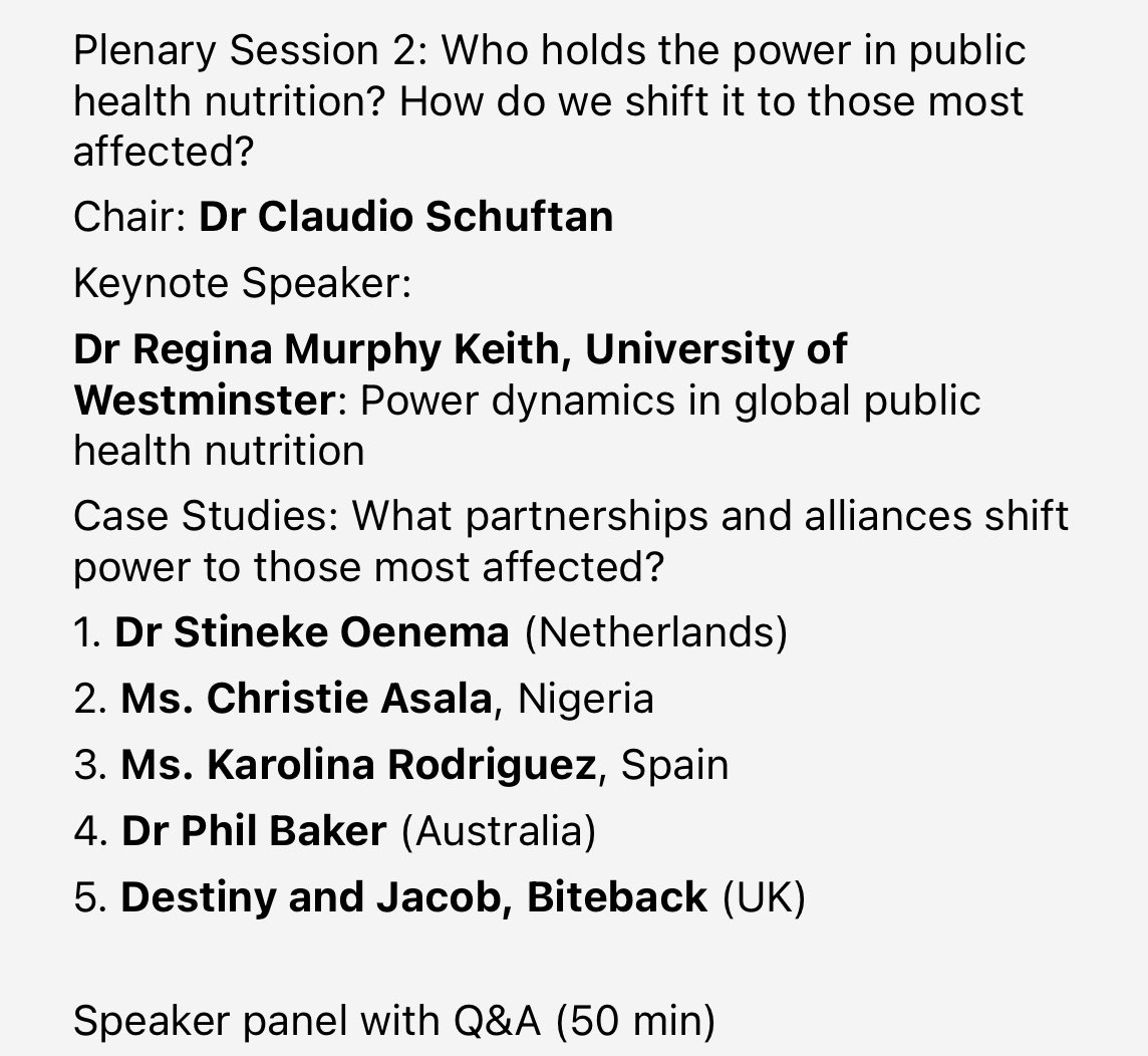 This morning at the <a href="/WPHNA/">World Public Health Nutrition Association</a> <a href="/Wphncongress/">WPHN CONGRESS 2024</a> is all about who holds the power in public health nutrition and how to shift it to those most in need, looking forward to hearing from 
<a href="/ReginaKeith1/">Regina Keith</a> <a href="/PhilBakerNZ/">Phillip Baker</a> and others