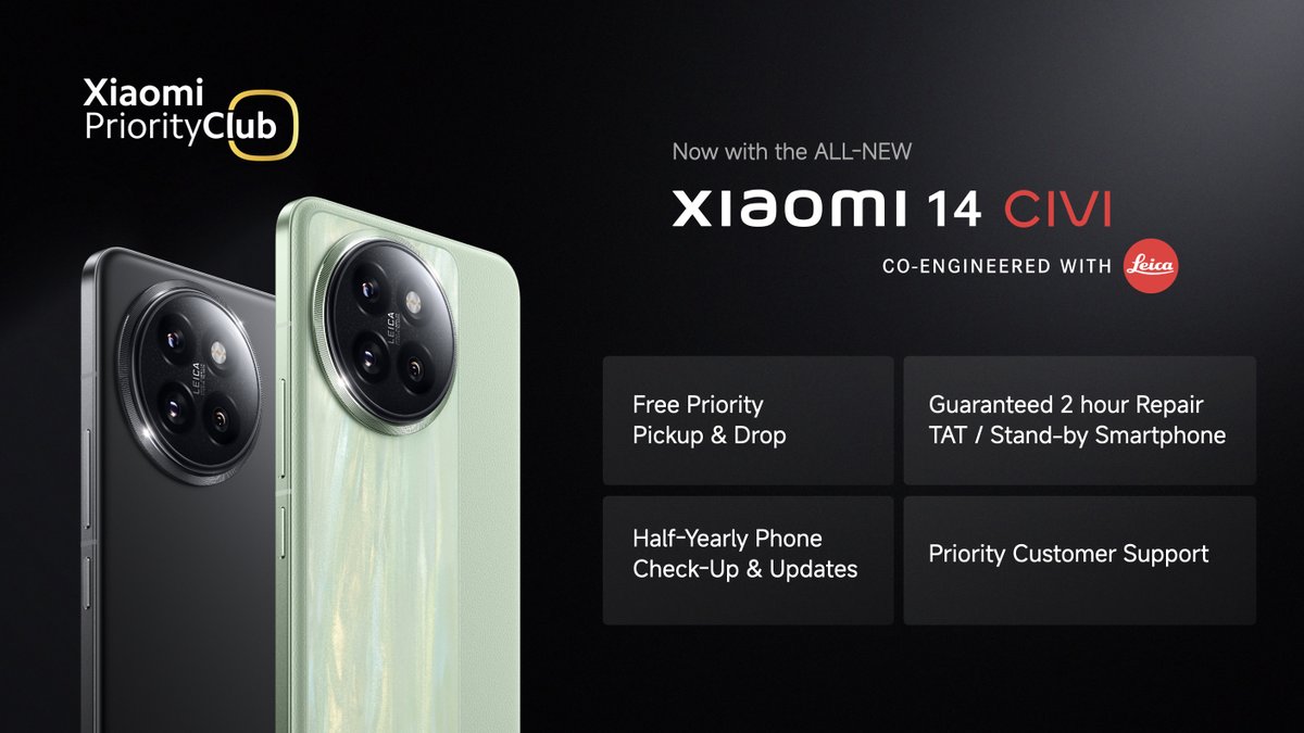 XiaomiIndia's tweet photo. The #Xiaomi14CIVI elevates your experience beyond just a phone. It comes with exclusive Xiaomi Priority Club benefits, ensuring you're always covered:

- Stress-Free Repairs: Enjoy free priority pickup and drop off for repairs
- Always Up-to-Date: Get a comprehensive half-yearly phone check-up with software updates
- Priority Club members get access to priority customer support

Watch Live: https://t.co/M9ir6J2yBA
#CinematicVision