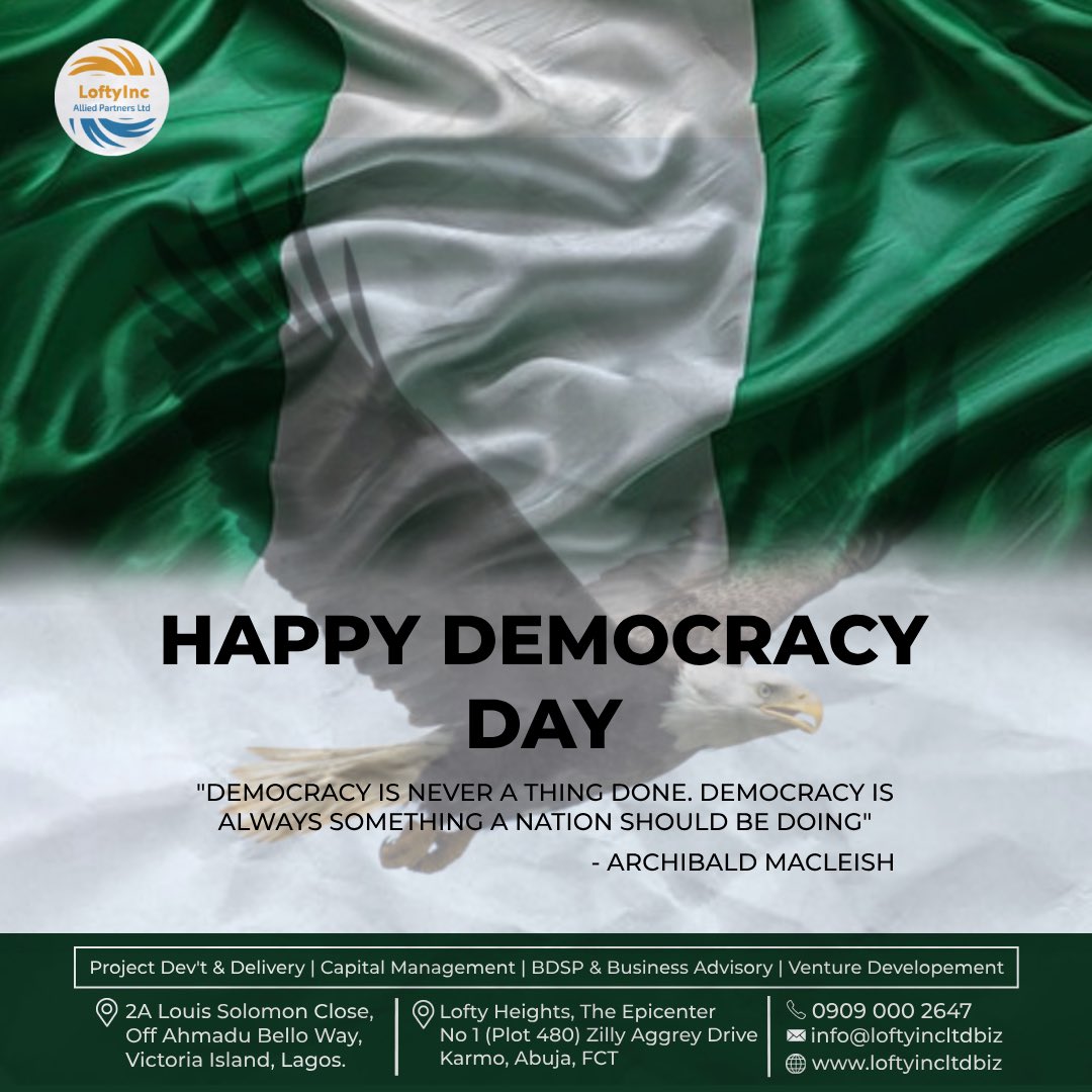 The strength of a nation lies in the minds of its people. 

Happy Democracy Day!

#democracyday2024 #nigeriandemocracy #democracy #loftyinc #wearelofty