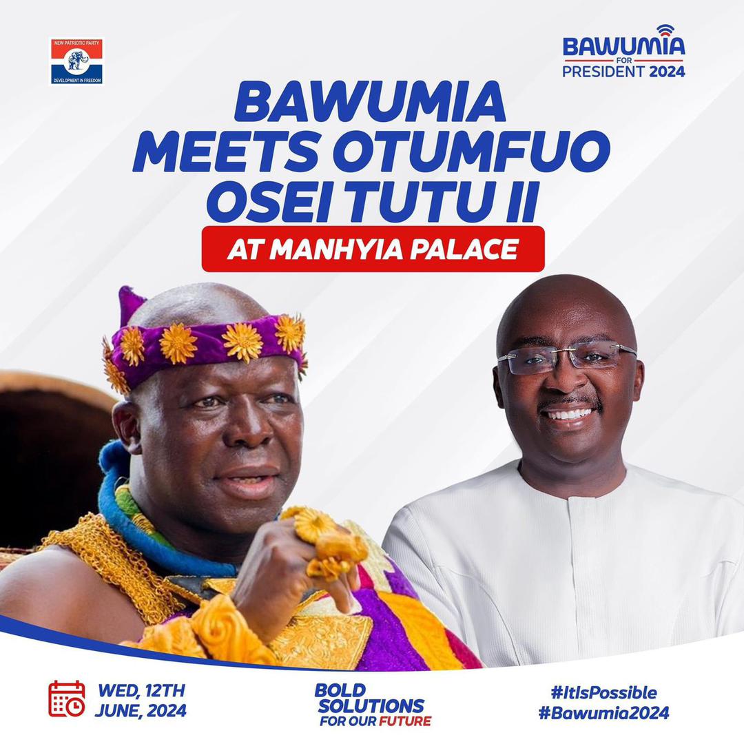 Final Day in Ashanti Region and also Final Day for the first phase of the regional campaigns. 
The NPP Flagbearer *Dr. Mahamudu Bawumia* will meet Otumfuo Osei Tutu Ababio this afternoon.

#OurFuture
#ItIsPossible 
#BoldSolutionsForOurFuture
#GhanasNextChapter