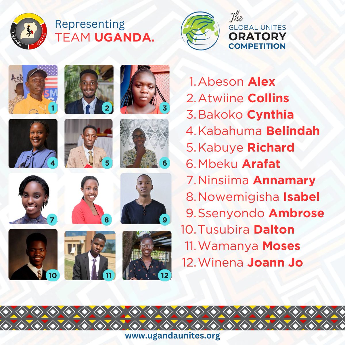 UgandaUnites's tweet image. Invigorate our young orators that are representing us in the @GlobalUnites Oratory Competition! We root for them to bring home gold. ✨️😍#Oratory #PlatformNextGen #YouthCanTransform #GlobalUnites