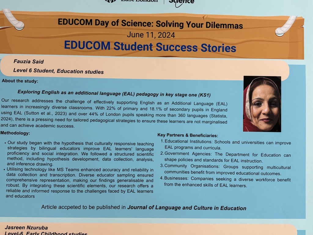 evgetheod's tweet photo. So proud of my student Fauzia Said that presented her research at the festival of research #universityofeastlondon. You managed to overcome all the challenges, completed a fantastic and inspational research and published your work a peer review journal! Well done Fauzia!! https://t.co/zULAk83rQv