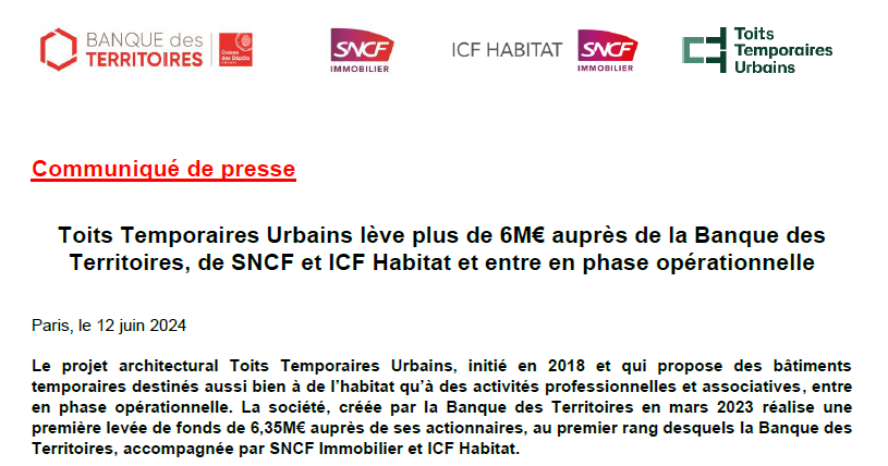 CDC_Presse's tweet photo. Toits Temporaires Urbains lève plus de 6M€ auprès de 
@BanqueDesTerr, de @SNCFimmobilier et @icfhabitat et entre en phase opérationnelle.
Le communiqué ➡️https://t.co/9jp9gzSzpb https://t.co/f92o33Xqzn