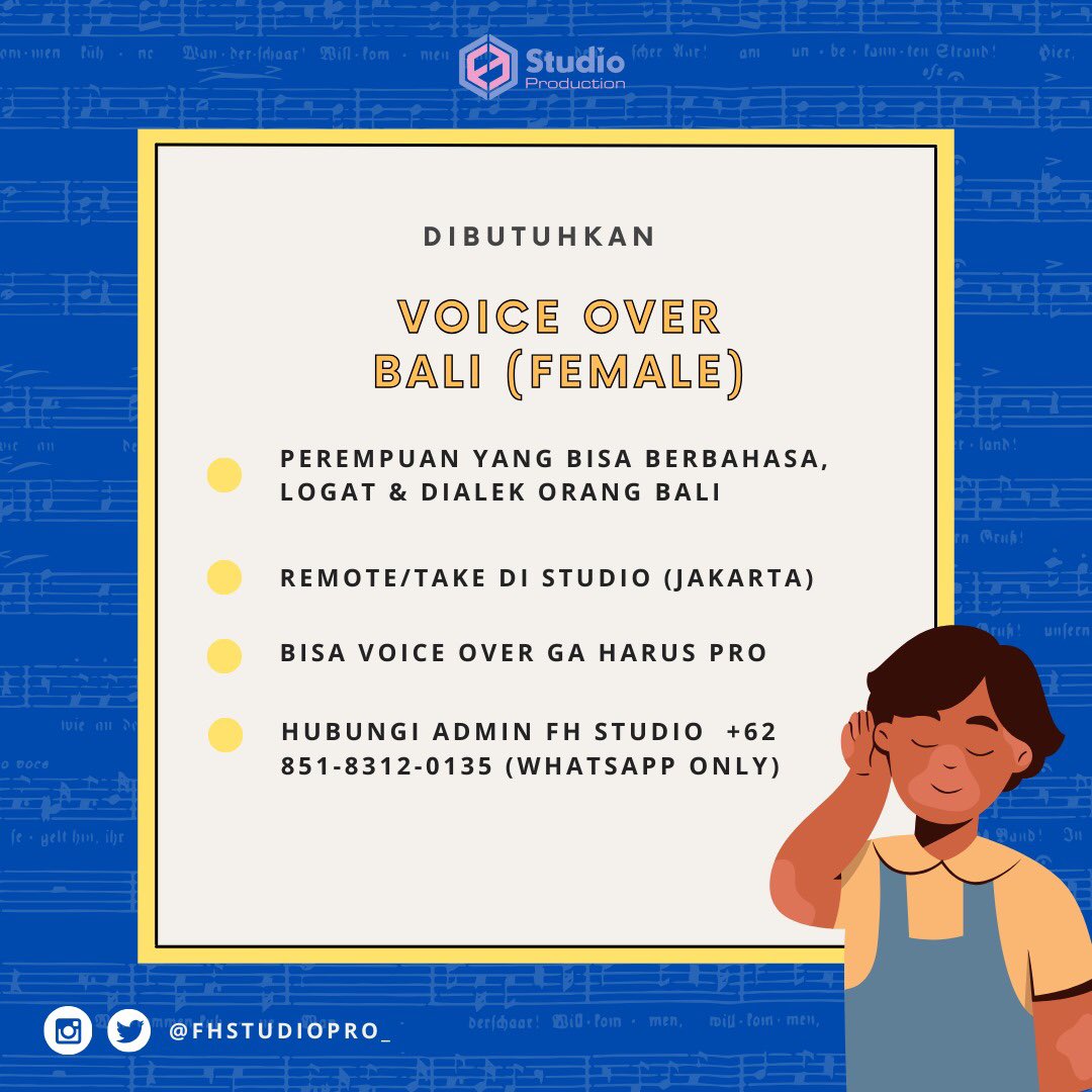FHStudioPro_'s tweet photo. Hi semua, lowongan buat kalian para voice over yg memenuhi persyaratannya bisa yuk lgsg hubungi ke nomor tertera! ^~^

#infoloker #voiceover https://t.co/XG7mfYOcuw