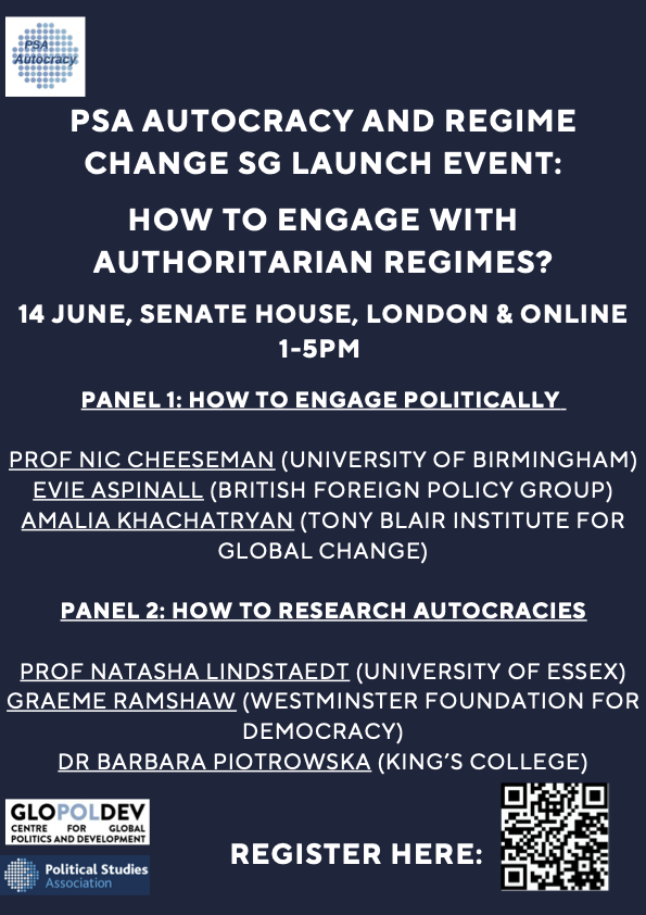 Janina Beiser-McGrath (@jbeisermcgrath) on Twitter photo 📢 Calling researchers studying non-democratic states and regime change! Join us THIS Friday afternoon at the Launch Event of the new <a href="/PolStudiesAssoc/">Political Studies Association</a> Specialist Group on Autocracy and Regime Change, online or in person in London! 📢 Calling researchers studying non-democratic states and regime change! Join us THIS Friday afternoon at the Launch Event of the new <a href="/PolStudiesAssoc/">Political Studies Association</a> Specialist Group on Autocracy and Regime Change, online or in person in London!