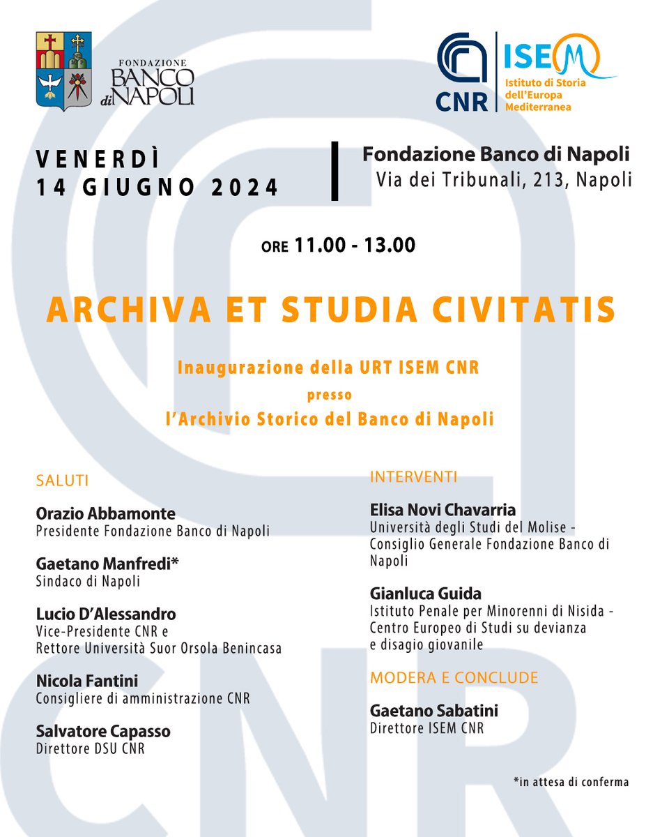 Il 14 giugno presso la Fondazione Banco di Napoli, si terrà "Archiva et Studia Civitatis", l'evento di inaugurazione dell'Unità di Ricerca presso Terzi (Urt) del Cnr-Isem
