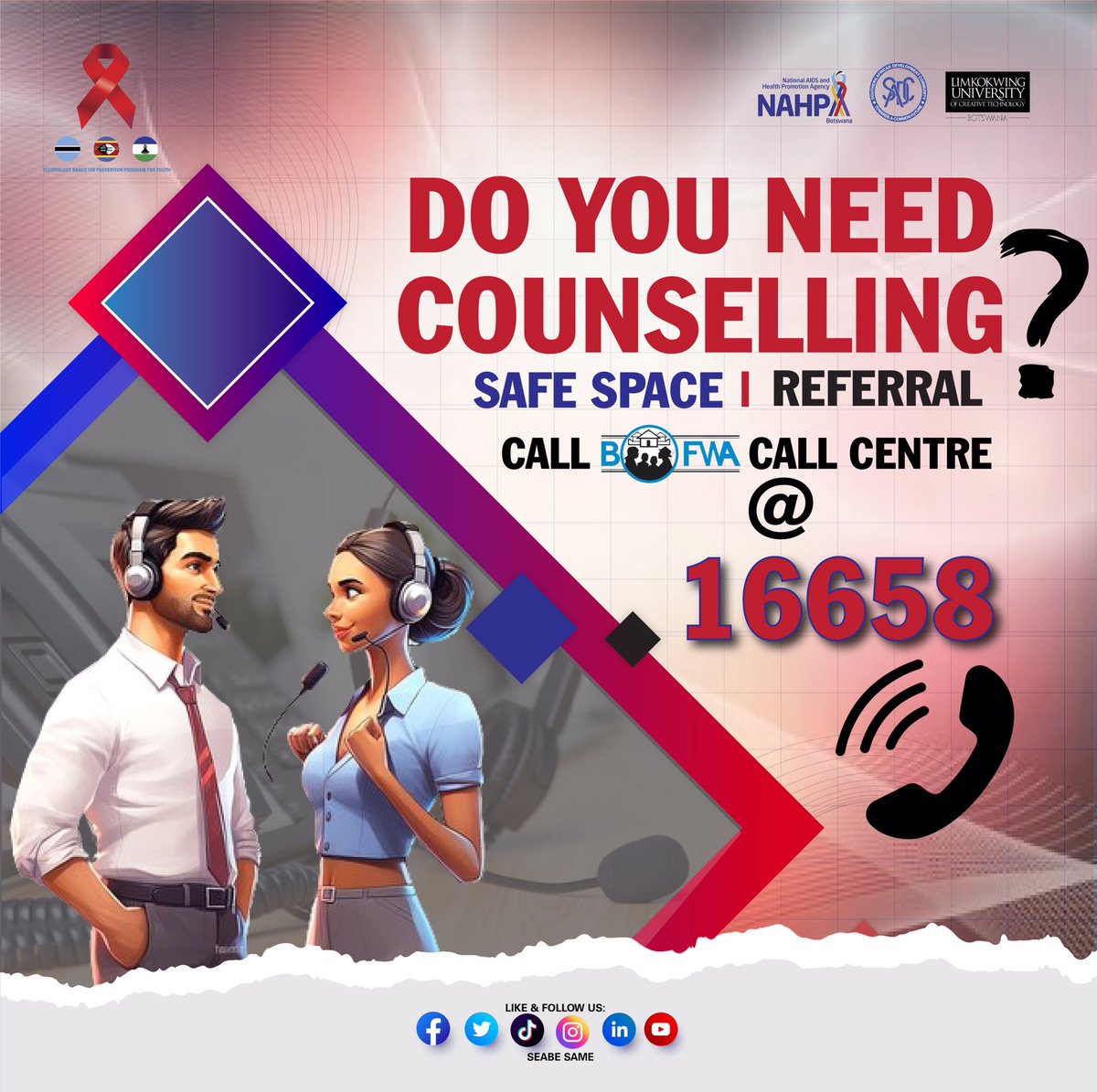𝐃𝐎 𝐘𝐎𝐔 𝐍𝐄𝐄𝐃 𝐂𝐎𝐔𝐍𝐒𝐄𝐋𝐈𝐍𝐆 ..? 🥺
📌 BOFWA is here for you 24/7. 
It is more than just a safe space, you can also ask for referrals - contraceptives, HIV testing &amp; counseling, STI screening, PrEP referral…etc 😊✨

✅Dial 𝟏𝟔𝟔𝟓𝟖 today..!