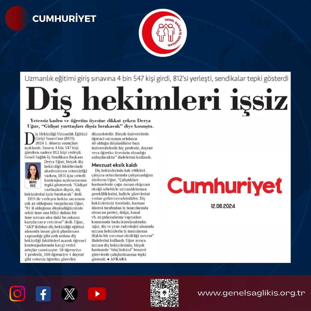 Uzmanlık eğitimi giriş sınavına 4 bin 547 kişi girdi, 812’si yerleşti, sendikalar tepki gösterdi / CUMHURİYET 12.6.2024 

Yetersiz kadro ve öğretim üyesine dikkat çeken Derya Uğur, “Gidişat yurttaşları dişsiz bırakacak” diye konuştu.

Diş Hekimliği Uzmanlık Eğitimi Girişi