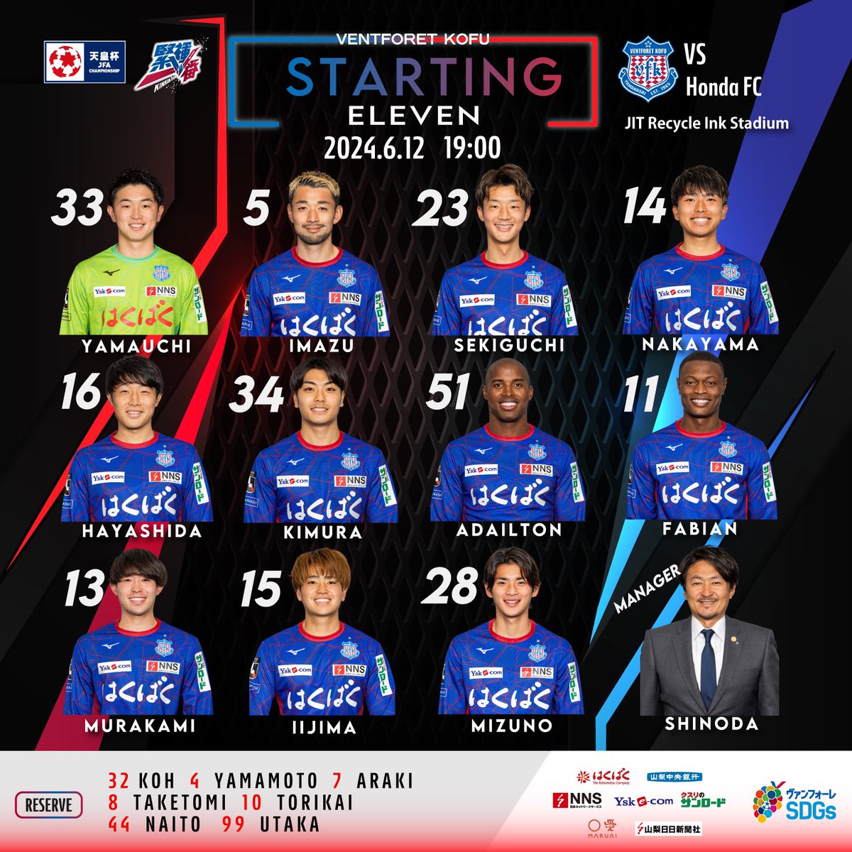 vfk_official's tweet photo. #天皇杯 JFA 第104回全日本サッカー選手権大会 2回戦
vs. Honda FC

◥◣ 𝑺𝑻𝑨𝑹𝑻𝑰𝑵𝑮 𝑿𝑰 ◢◤
━━━━━━━━━━━━━━━━━
#VitalFightingKnights 💙♥️
本日の #スターティングメンバー ⚽
━━━━━━━━━━━━━━━━━

#vfk https://t.co/AkFm8ErEdp