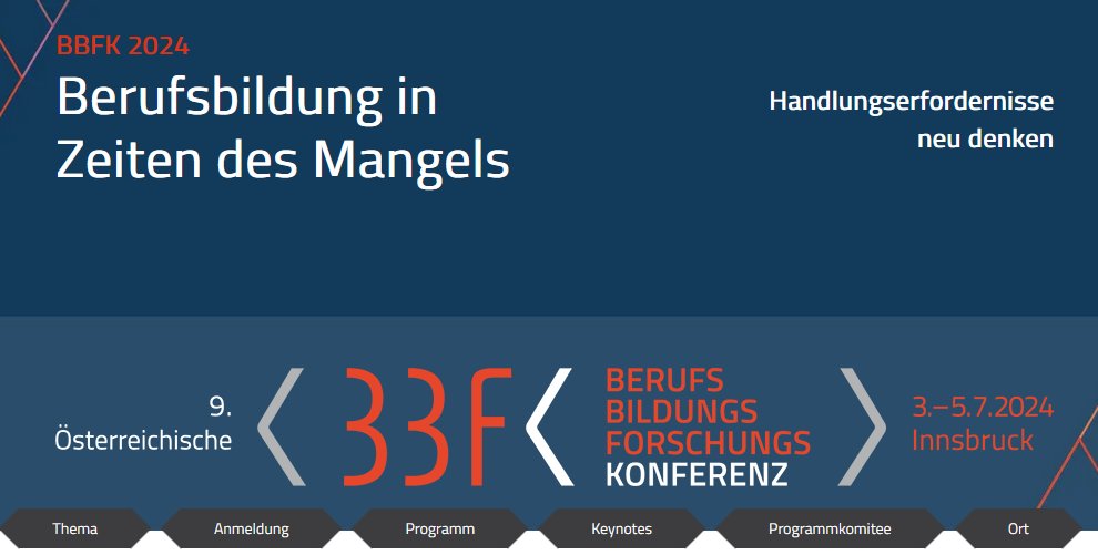 📢#SaveTheDate Konferenz #BBFK2024: #Berufsbildung in Zeiten des Mangels, u.a. mit @ifenthaler. 

Wir stellen gerade den Büchertisch zusammen und freuen uns auf´s Wiedersehen!
📅 03.-05.07. | <a href="/uniinnsbruck/">@uniinnsbruck@social.uibk.ac.at</a>  | Infos 👉bbfk.at

@bibb_de <a href="/bwpat/">bwp@</a> <a href="/FlorianGasser/">Florian Gasser</a> @fbb_de