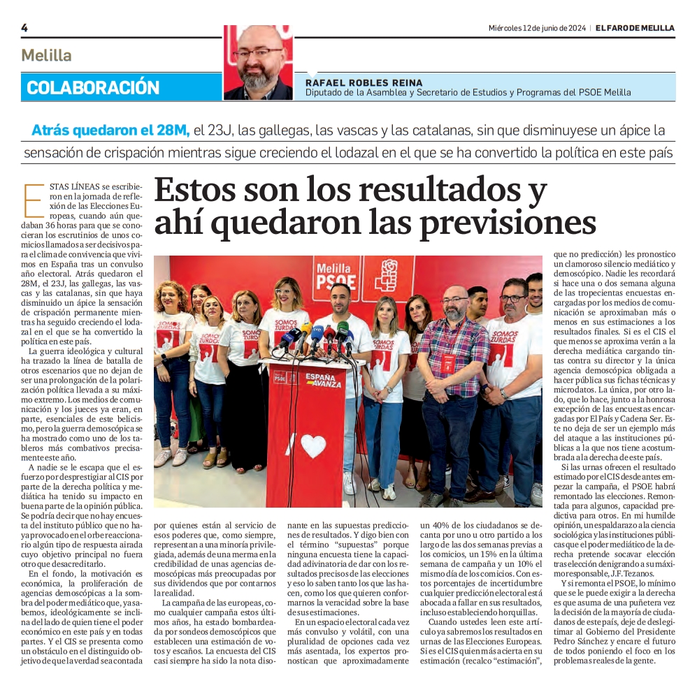 🗞️ <a href="/rafaroblesreina/">Rafael Robles Reina</a>: "Estos son los resultados y ahí quedaron las previsiones"

✍️ "Atrás quedaron los ciclos electorales mientras sigue creciendo el lodazal en el que se ha convertido la política"

➡️ Artículo del Diputado de la Asamblea del PSOE Melilla en <a href="/ElFarodeMelilla/">El Faro de Melilla</a>