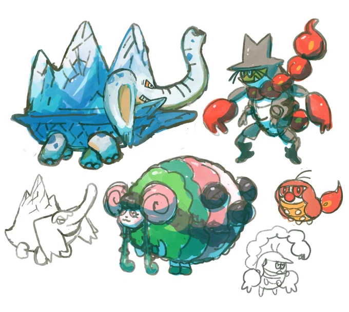 Pokemon starters based on your suggestions buds :^)!! I wasn't quite able to convey the concept behind them, but I like them!!! Can you guess the idea behind their designs? 