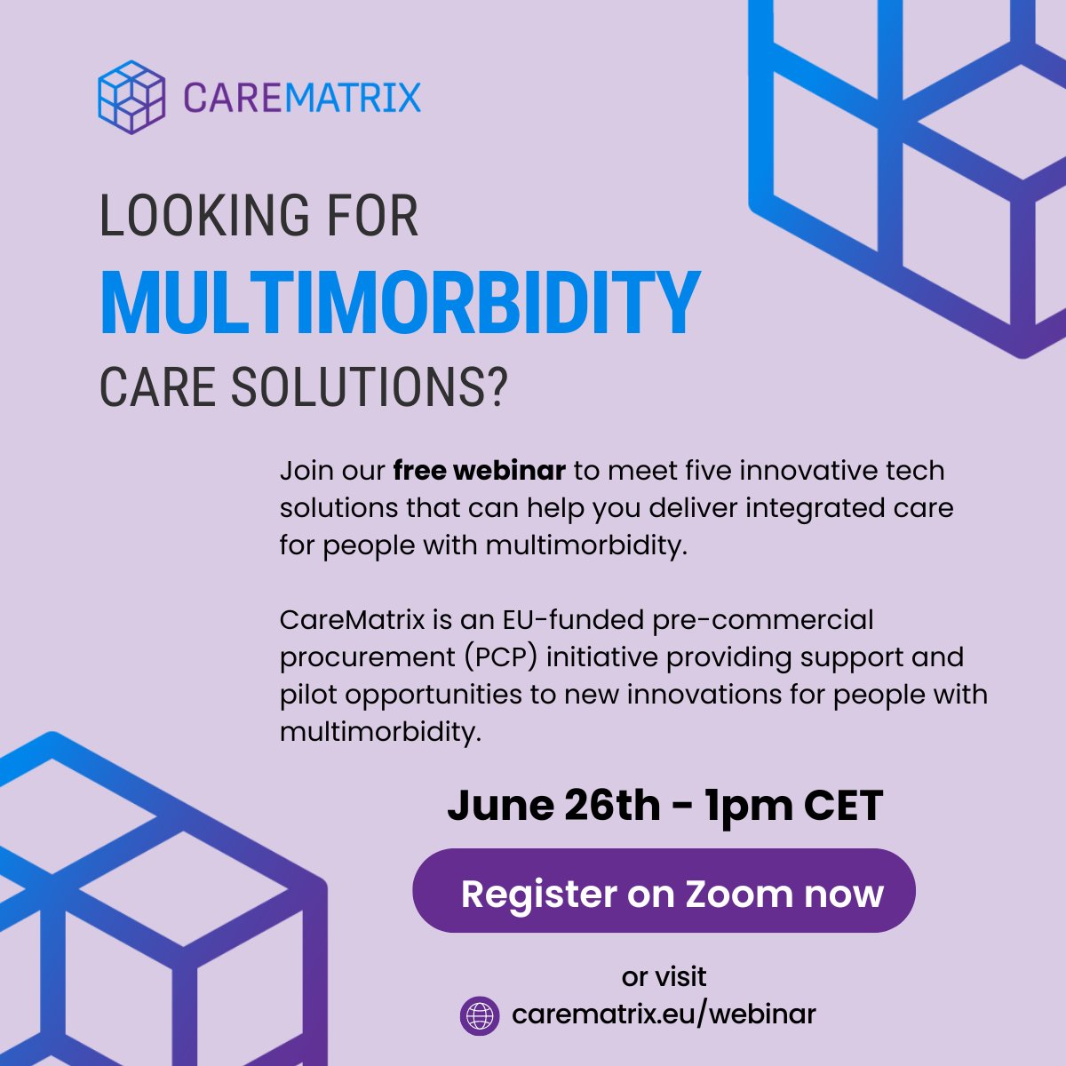 CareMatrix_PCP's tweet image. ⚠️Register now for our upcoming webinar where you can meet the five suppliers working to respond to the CareMatrix challenge⚠️

📅Wednesday 26th June

⏰13.00 CET

Register now! 

🔗carematrix.eu/webinar
