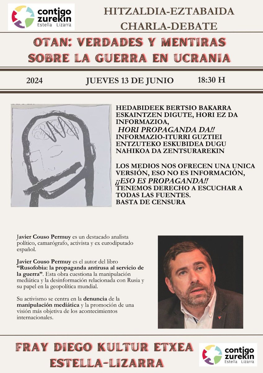 Caninator's tweet photo. El jueves 13 de junio a las 18:30h. estaré en Estella-Lizarra para hablar de la OTAN y de su inducida guerra en Ucrania. https://t.co/NYXOqRO1k9