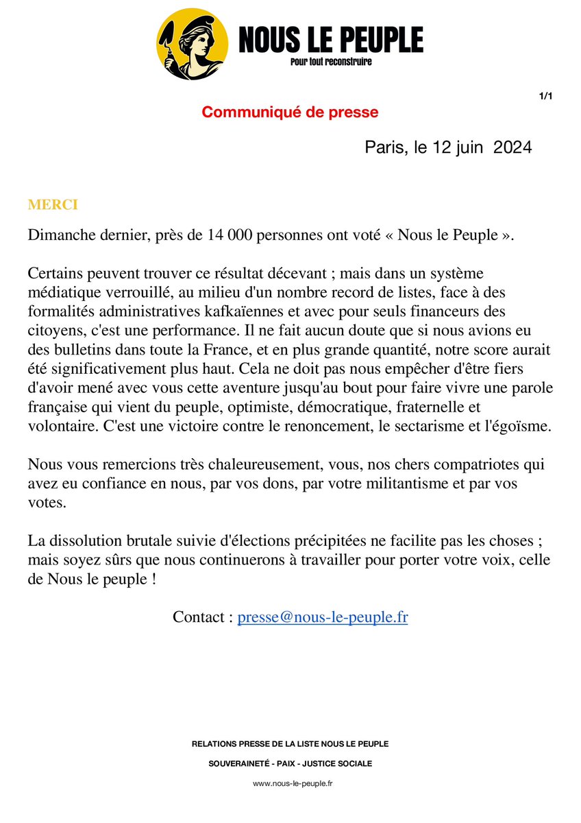 Dimanche dernier, près de 14 000 personnes ont voté « Nous le Peuple ». 
Certains peuvent trouver ce résultat décevant ; mais dans un système médiatique verrouillé, au milieu d'un nombre record de listes, face à des formalités administratives kafkaïennes et avec pour 1/