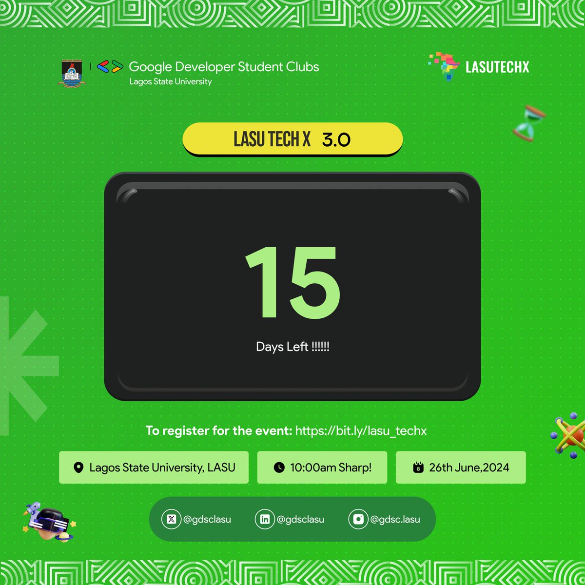gdgoc_lasu's tweet image. It&apos;s 15 days to LASUTECHX 3.0!!! 💫

Grab your tickets here if you haven&apos;t:
bit.ly/lasu_techx

#techies #lasutechx3 #biggesttecheventinlasu
