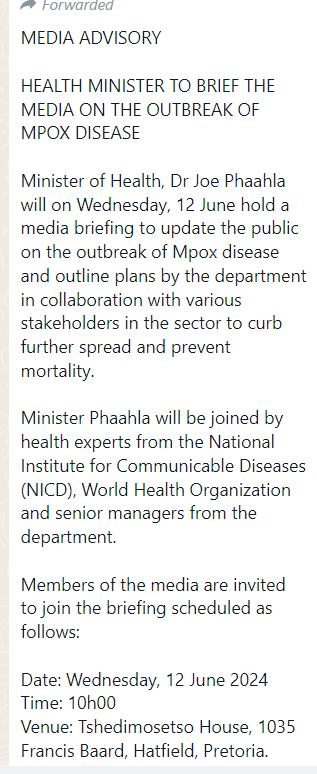 miamalan's tweet photo. .@healthza briefing on #monkeypox to start soon. So far, SA has 4 cases:
- 3 = KZN
- 1 = GP
All cases = SA males in their late 30s. @nicd_sa says the 2 latest cases (early June), in KZN, had contact with each other, suggesting local transmission (as opposed to imported cases). https://t.co/VKaKtEOVHC