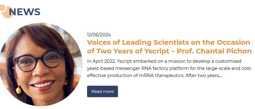 Of course, #Yscript coordinator <a href="/chantal_pichon/">Pichon Chantal</a> from <a href="/Univ_Orleans/">Université d'Orléans</a> also has her say on our two-year #anniversary.

She looks back on the challenging initial phase of our <a href="/EUeic/">European Innovation Council</a> project and celebrates first interim successes.

👉 yscript.eu/news/voices-of…

#YscriptTurnsTwo #mRNA