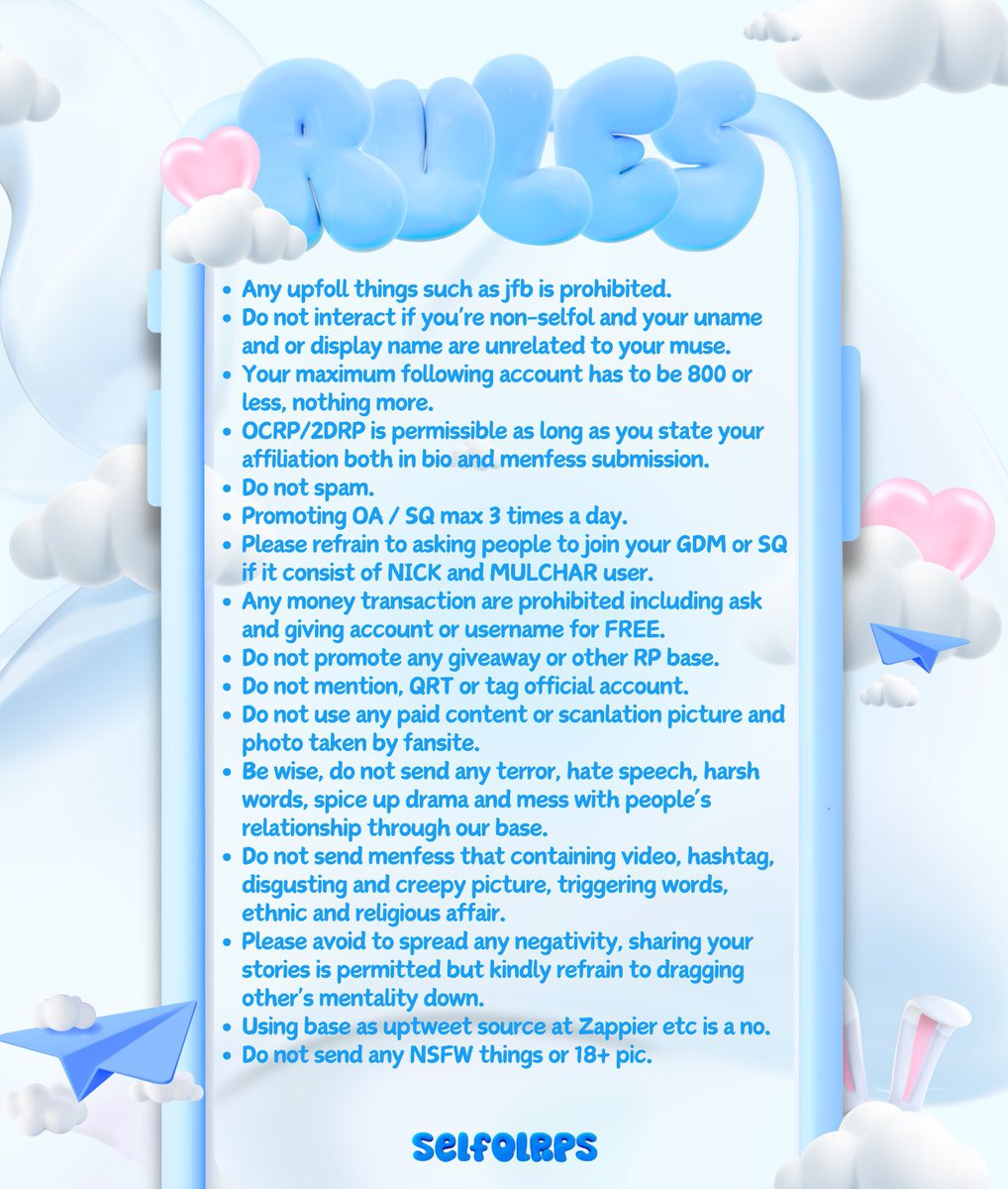 ⊹‧˚₊•┈┈┈┈┈ ʚ selfolssi ɞ ┈┈┈┈┈•‧₊˚⊹

welcome, selective user! we are here to help you expand your social circle! please kindly read our rules before submit your menfess!

menfess page: s.id/selfolssi
read our rules: bit.ly/selfolrps