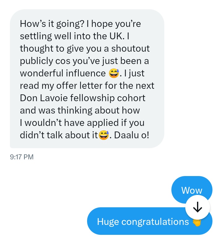 devblossoming's tweet photo. Our Impact: A young African and Economist who is a follower of our page got selected for the 2024 cohort of the @mercatus Don Lavoie Fellowship in political economy that we tweeted about few months ago. We are so proud and excited ๐๐๐๐ค๐ #Developmentblossoming https://t.co/Xf4AEO3GQH